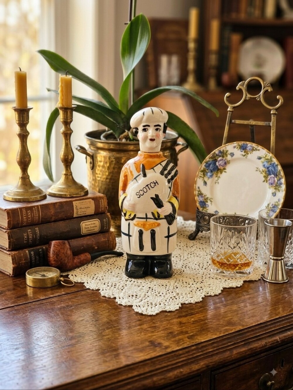 Vintage MCM Ceramic Scotch Decanter Scotsman Bagpiper Made in Japan